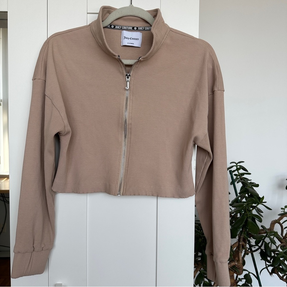 Juicy Couture Tan Heavyweight Ribbed Cropped Zip-Up Top, Size S/M, NWOT